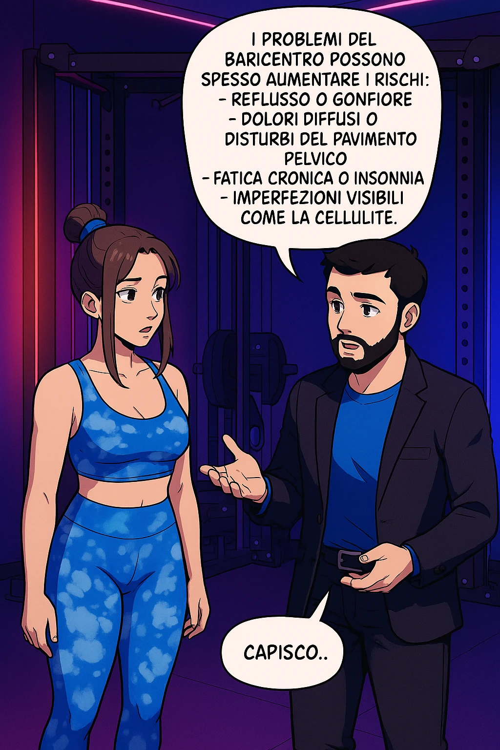 TRASFORMA QUESTO CAROSELLO IN UN FUMETTO STILE WEBTOON/MANGA A COLORI CON QUESTE DUE PERSONE IDENTICHE CHE INTERLOQUISCONO TRA LORO, L'uomo sta spiegando alla donna questo concetto:

Se hai un problema di baricentro, inoltre, non dovresti preoccuparti solo del reflusso e del gonfiore addominale, ma anche di un aumentato rischio di:
    • dolori e rigidità diffuse
    • disturbi pavimento pelvico
    • stanchezza cronica o insonnia
    • inestetismi visibili, come celluluite
    • etc… emoji