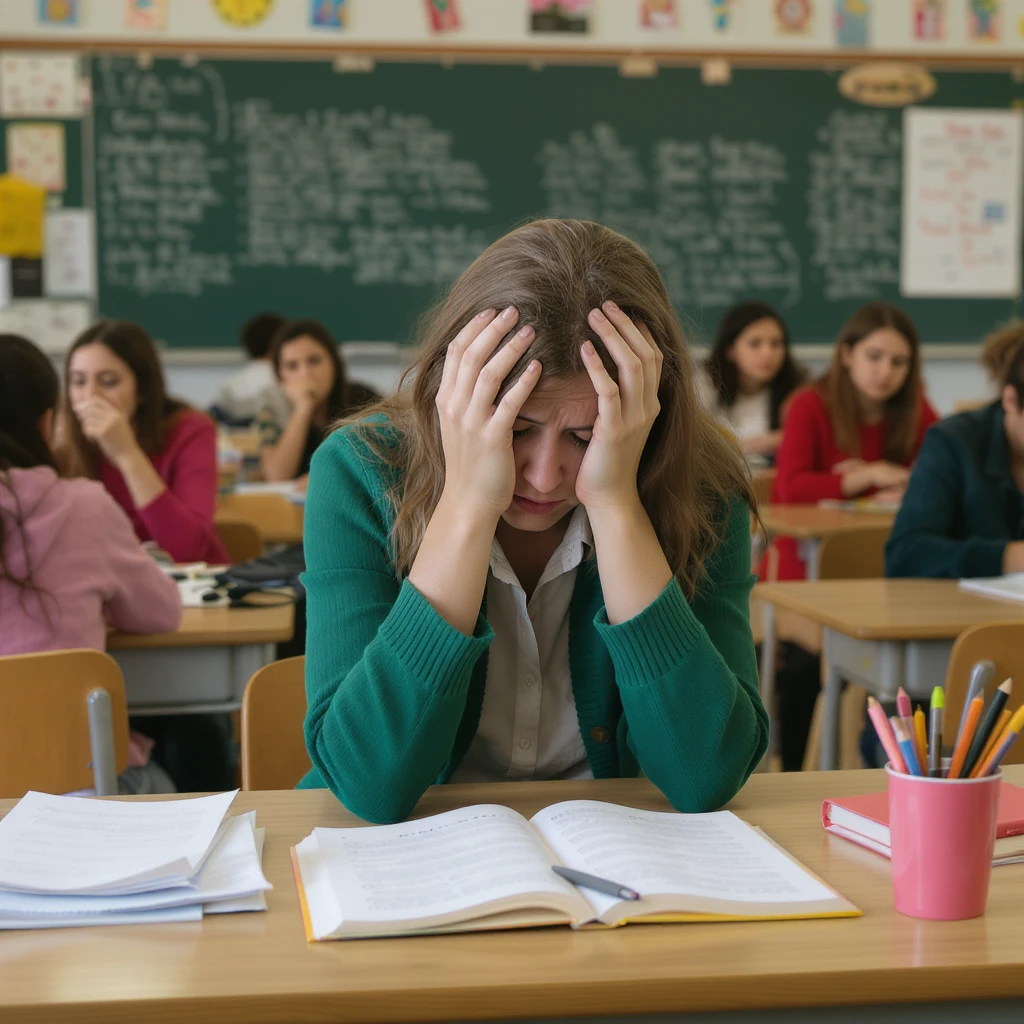 photograph of exhausted teacher in a bustling classroom emoji