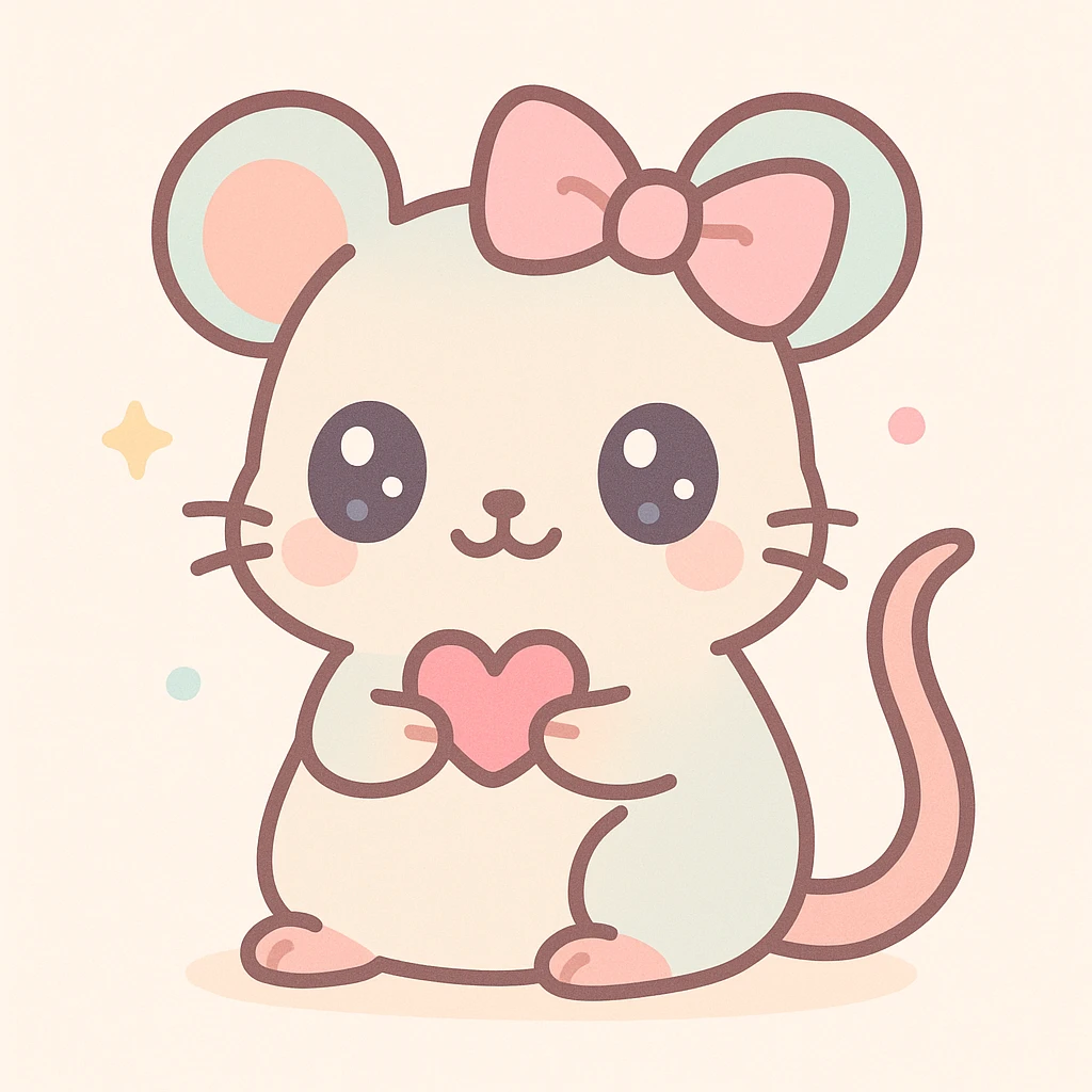 a coquette rat, holding a tiny heart, with big eyes and a ribbon, kawaii style emoji