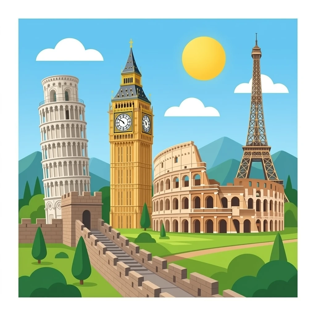 6 wonders: Great Wall of china, leaning tower of Pisa, Big Ben, Sad, colosseum, and Eiffel Tower emoji
