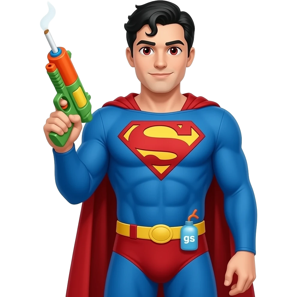Make this with , the eyes have Cherries as pupils and the left hand is holding a joint and a gas emoji, right hand is relaxed and whole arm is down, emoji is seen until the waist with a water gun tucked Superman with his complete look emoji