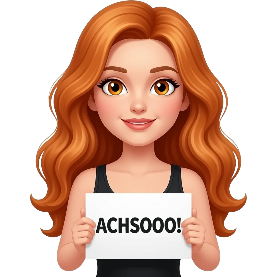 sexy girl with long wavy ginger hair and ginger eyes wearing a black tanktop is holding a white sign with ACHSOOOO! written on it emoji