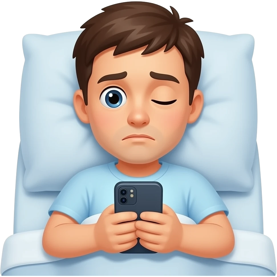 Yellow emoji face that looks tired with one eye open and one eye shut checking phone messages in bed emoji