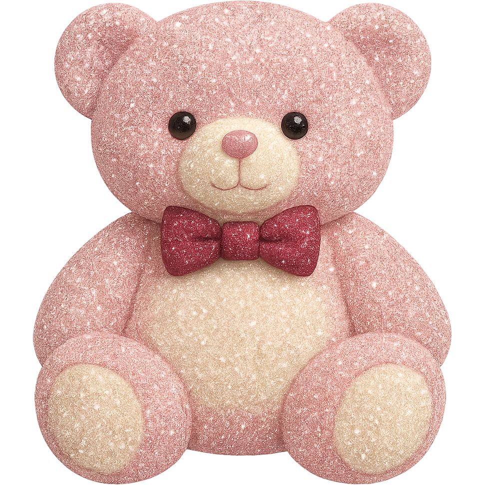 Add a touch of glitter to the teddy bear and its bow tie, keeping the pink and white fur, flat lighting, no shadows or background, soft plush look, maintain transparency. The style should reflect a soft plush teddy bear with pink and white fur and a glittery bow tie, with flat lighting and no shadows or background. emoji