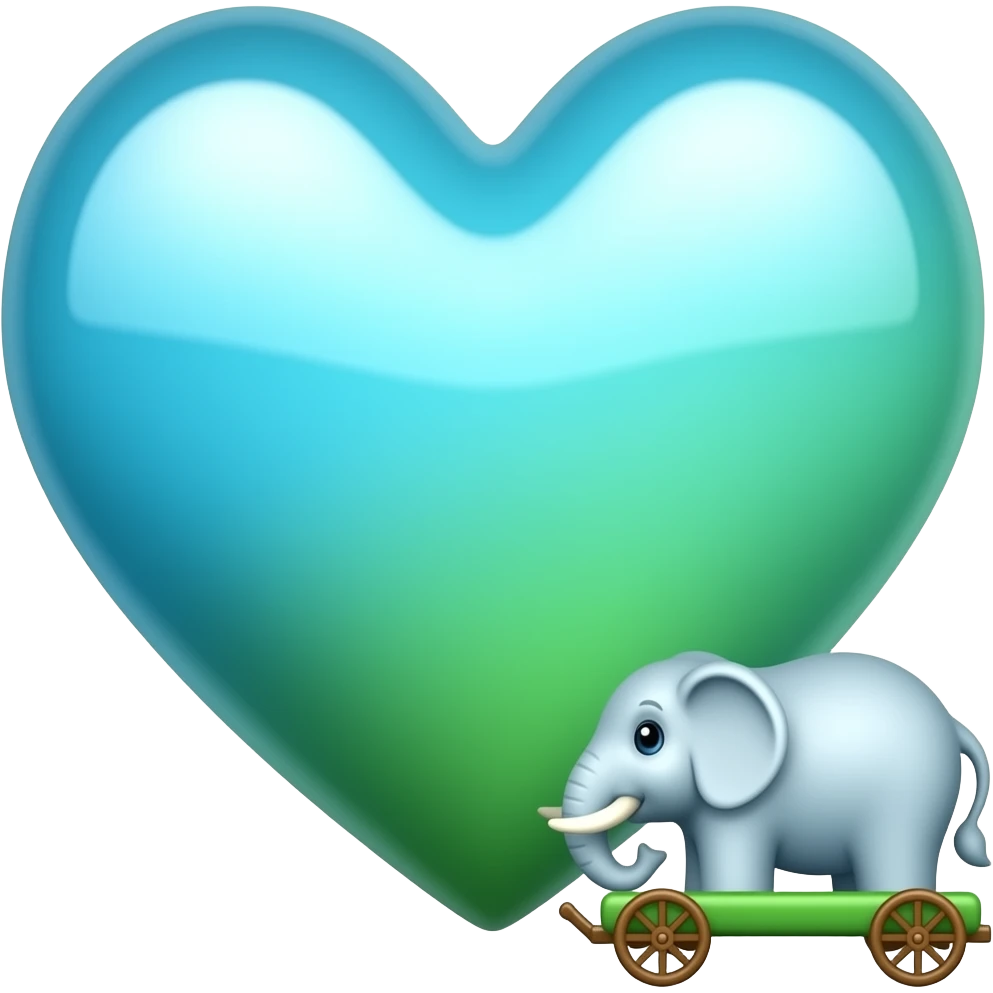 Teal blue and green heart with a teeny tiny elephant towing the heart behind him on  a wagon emoji