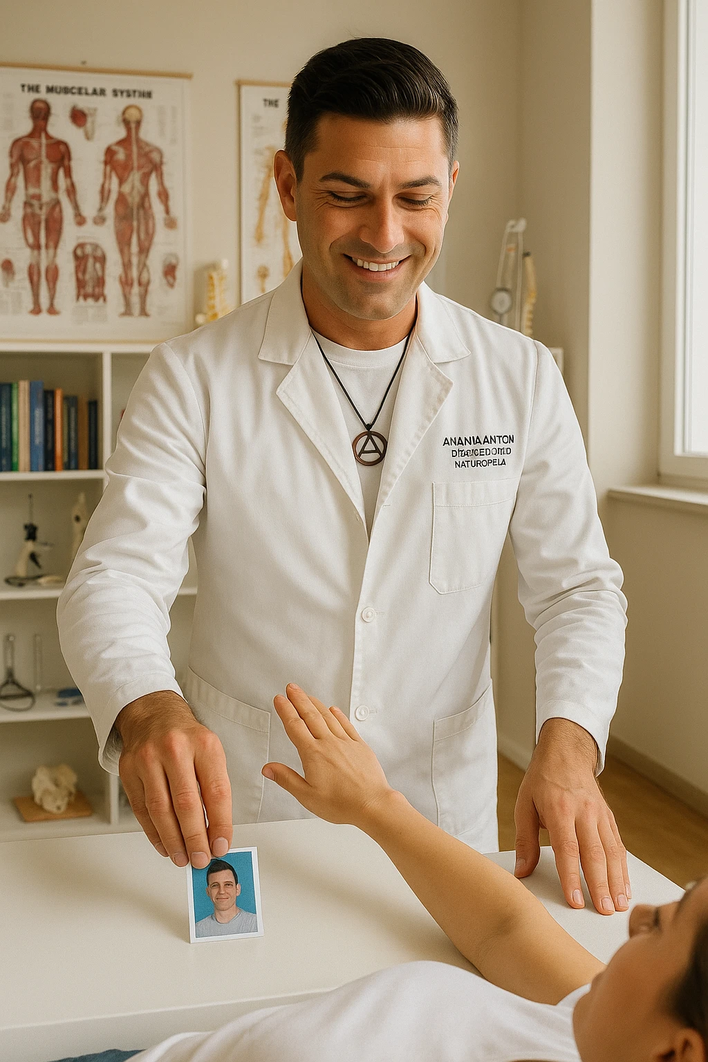 a middle-aged man, dressed in casual professional attire, is in a bright, organized therapy studio. Durante una visita di kinesiologia, il praticante tiene con una mano la foto di una persona lontana (il “testimone”) appoggiata su un tavolo, mentre con l’altra mano esegue un test muscolare su un cliente presente. Sullo sfondo si vedono libri di kinesiologia, poster anatomici e strumenti tipici della disciplina. L’atmosfera è concentrata e serena, con luce naturale che entra dalla finestra, sottolineando l’aspetto alternativo e umano della pratica. emoji