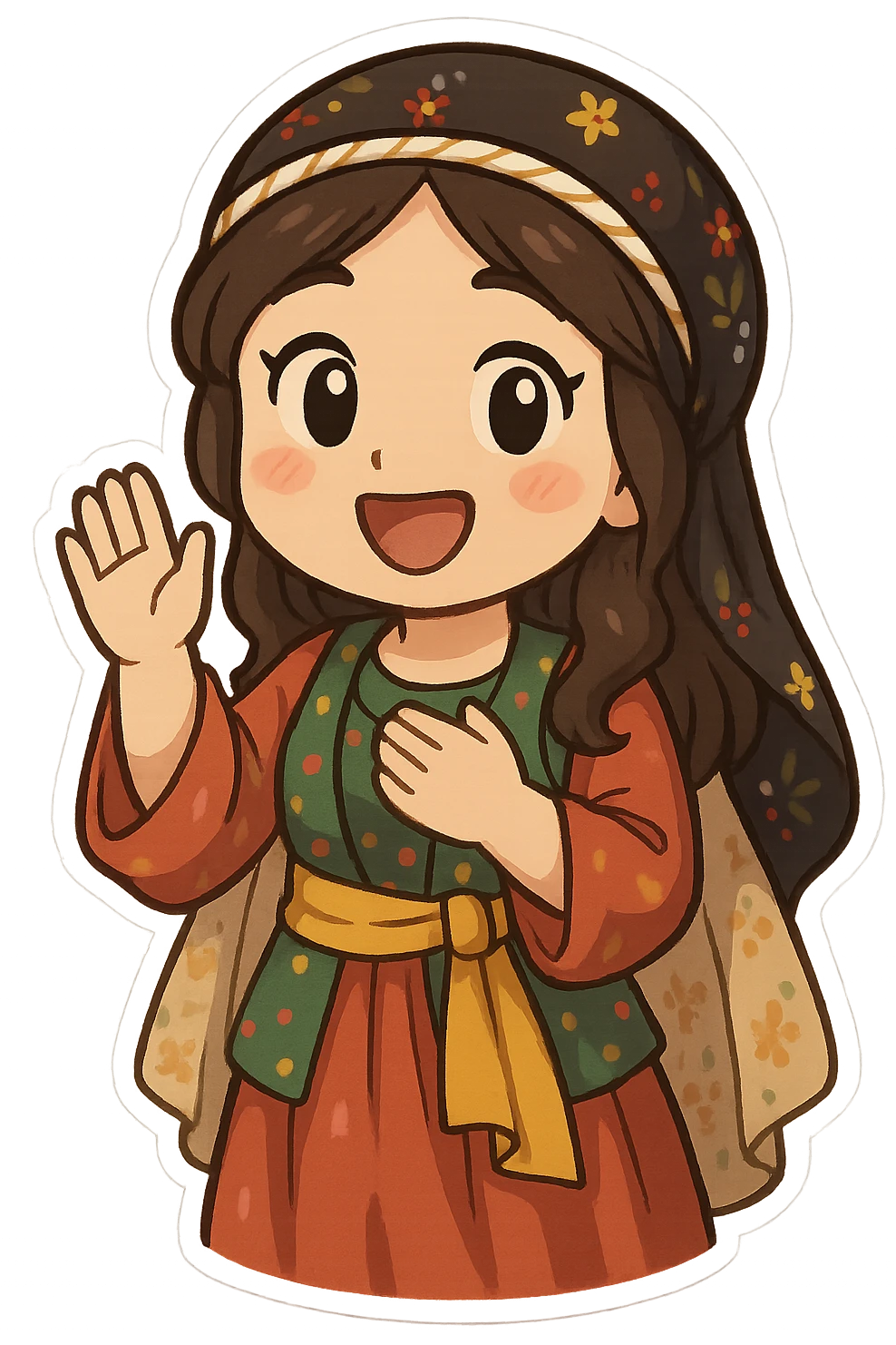 cartoon Kurdish woman in traditional Kurdish clothing greeting with hand raised or hand on chest, colorful and cheerful, no text, sticker style suitable for WhatsApp and Instagram emoji