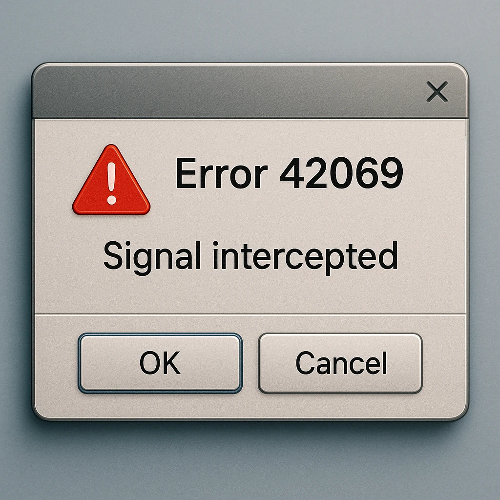 lifelike desktop error popup window showing 'Error 42069' and 'Signal Intercepted', featuring realistic buttons and a digital warning icon, modern GUI style emoji