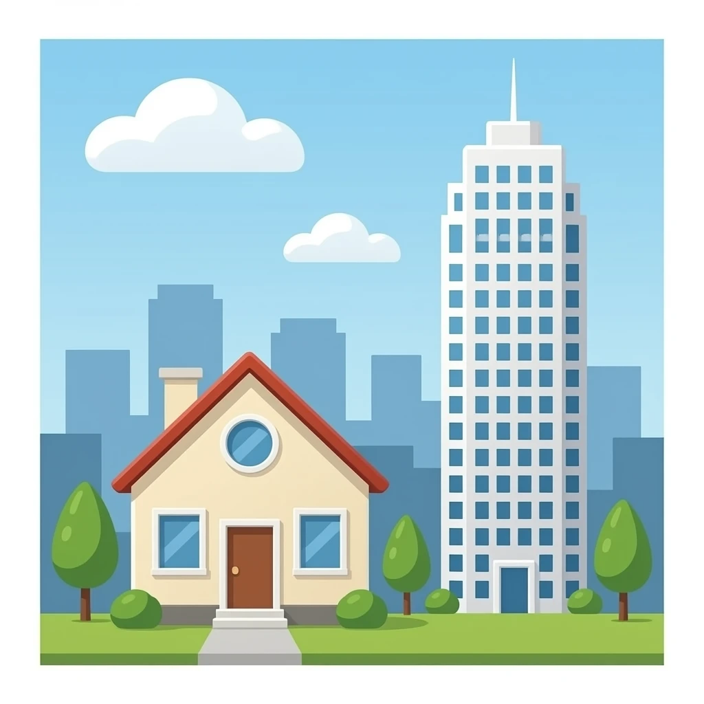 house, tall office building on a plain background, no sun, no moon, no foliage or trees emoji