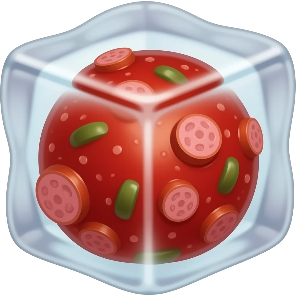 Red Sauce but frozen in a cube. Blend the Cube with the red sauce. Add some small green and sausage slices. The ice cube should be the sauce and there should be no ceramic. Get the outwards of the icecube to match the color of the inner sauce content. Red toned emoji