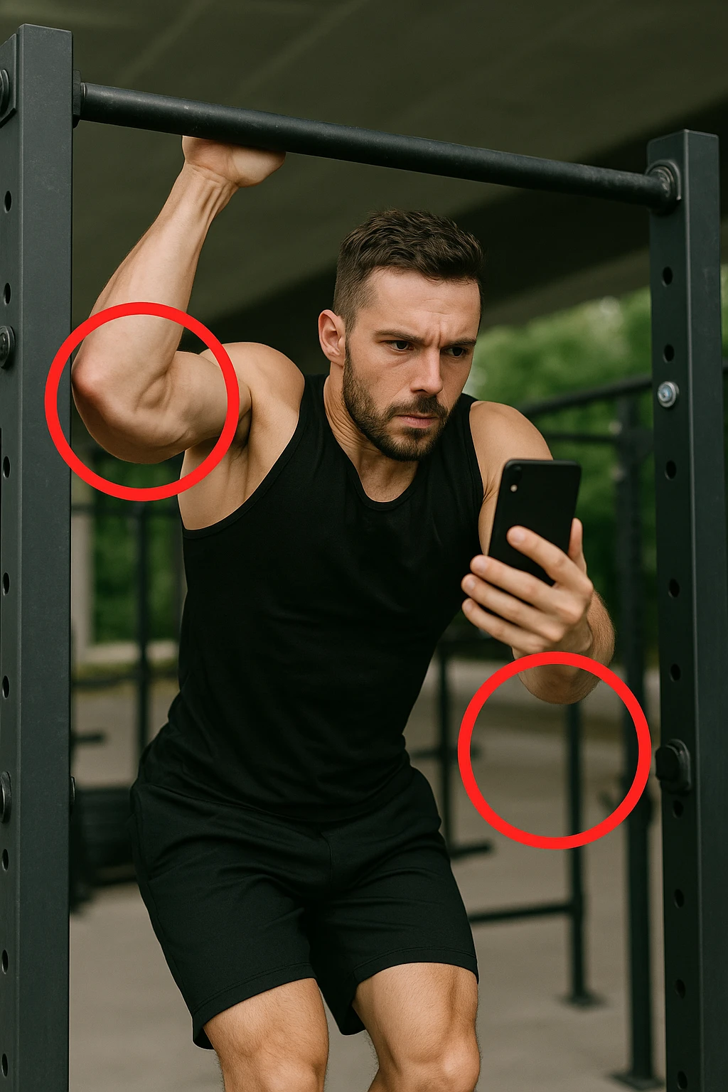 uomo che fa Muscle up e si sta filmando davanti con il telefonino per vedere la sua posizione dei gomiti e delle mani sulla sbarra, fai dei cerchi per indicara i gomiti emoji