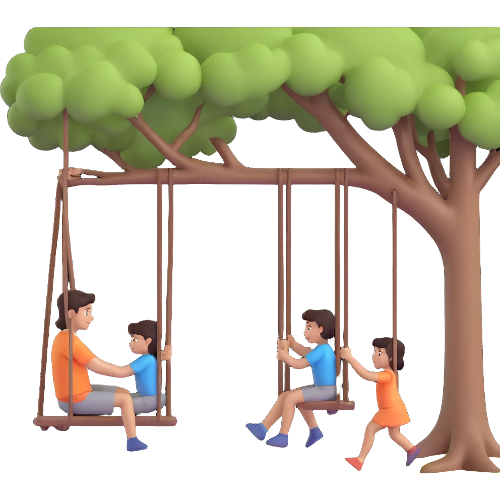 A person pushing a swing with a child sitting on it, outdoors, under a tree, in daylight. The swing is moving back and forth. Focus on the motion of swinging and the person gently pushing it emoji