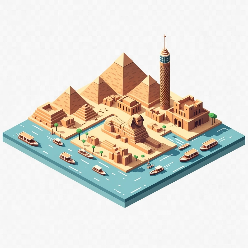 Isometric minimalistic illustration of Cairo – Pyramids of Giza, Sphinx, Cairo Tower, Nile riverbanks, subtle 3D miniature effect and Tilt Shift effect, no cartoonish look, transparent background. emoji