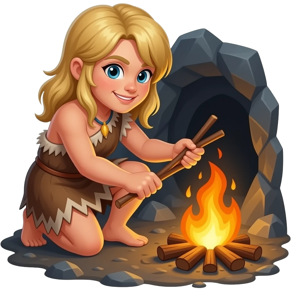 blonde cavewoman making fire emoji