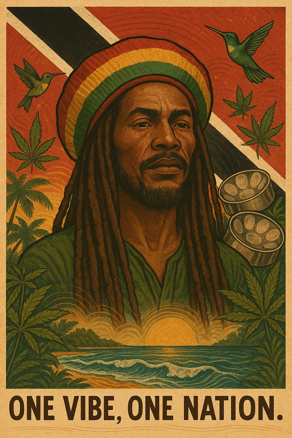 Create a vibrant digital illustration in vintage poster style featuring a proud Trinidadian Rasta man with long dreadlocks and a bold red, gold, and green tam. The background should incorporate the Trinidad and Tobago flag in a stylized, textured way — using deep red, black, and white tones that blend with tropical elements. Surround the figure with iconic cultural symbols like steelpan drums, ganja leaves, and hummingbirds in flight. Add warm Caribbean sunlight, ocean waves, and lush greenery to enhance the island energy. The Rasta man should radiate peace, power, and island wisdom — with bold facial features, calm expression, and a sense of spiritual presence. The overall tone should be rootsy, regal, and rich with island soul — merging reggae culture with Trinidadian pride. Optional accents: subtle soca rhythm lines in the background or a quote like “One Vibe, One Nation.” emoji