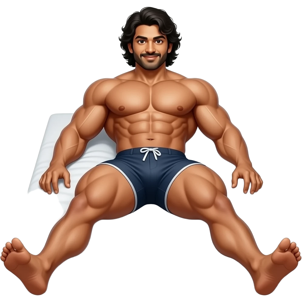Huge indian muscular hairy bodybuilder in briefs with huge bulge lying and spreading legs apart emoji