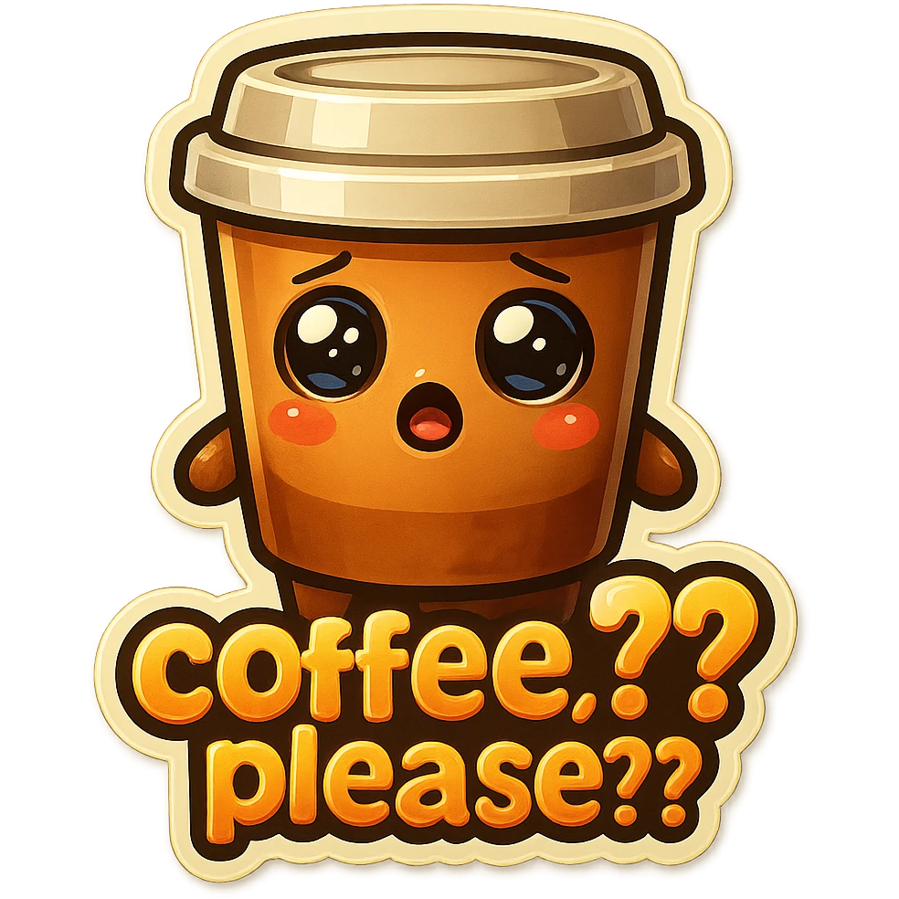 Tall coffee cup, big begging eye, big "coffee, please?? emoji