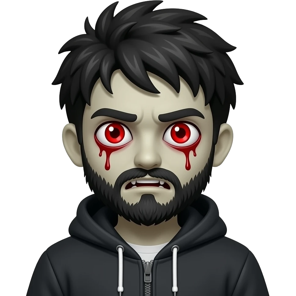 centered scary emoji zombie boy, creepy expression (not sad), glowing red eyes, blood under eyes, pale skin, messy dark hair, thick stubble beard, hoodie, black background, symmetrical face emoji
