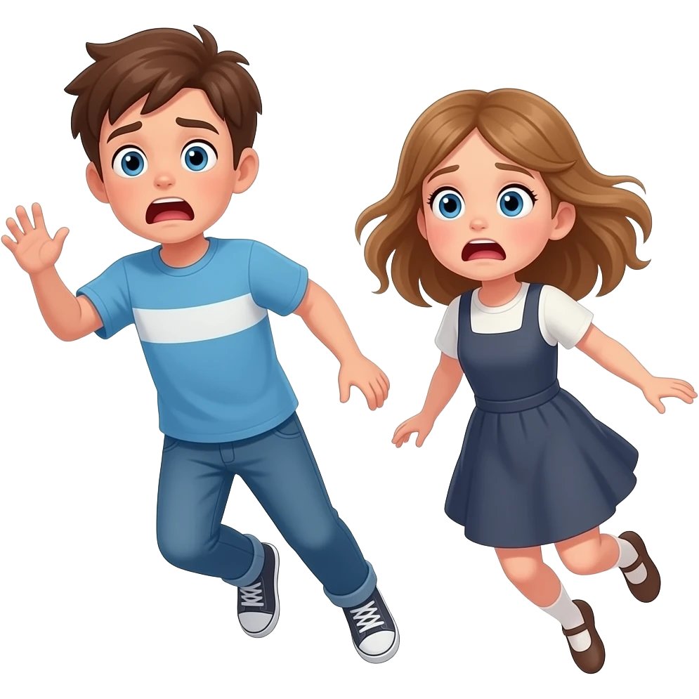 chico y chica caiendo del cielo asustados, el chico castanyo i con pelo corto y la chica pelo suelto y un poco rubia pero castaño y los dos tienen ojos azules son hermanos emoji