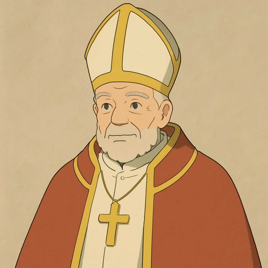 pope, classic religious attire, mitre hat, neutral background, ghibli style emoji