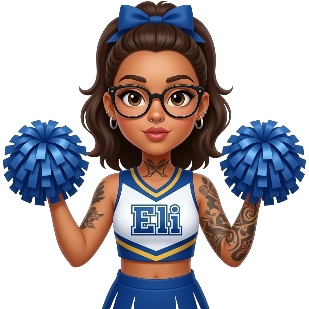 tan girl in cheerleader outfit that says “Eli,” with glasses, an eyebrow piercing, nose piercings, and tattoos on her throat and arms, blowing a kiss with pompoms in her hands emoji