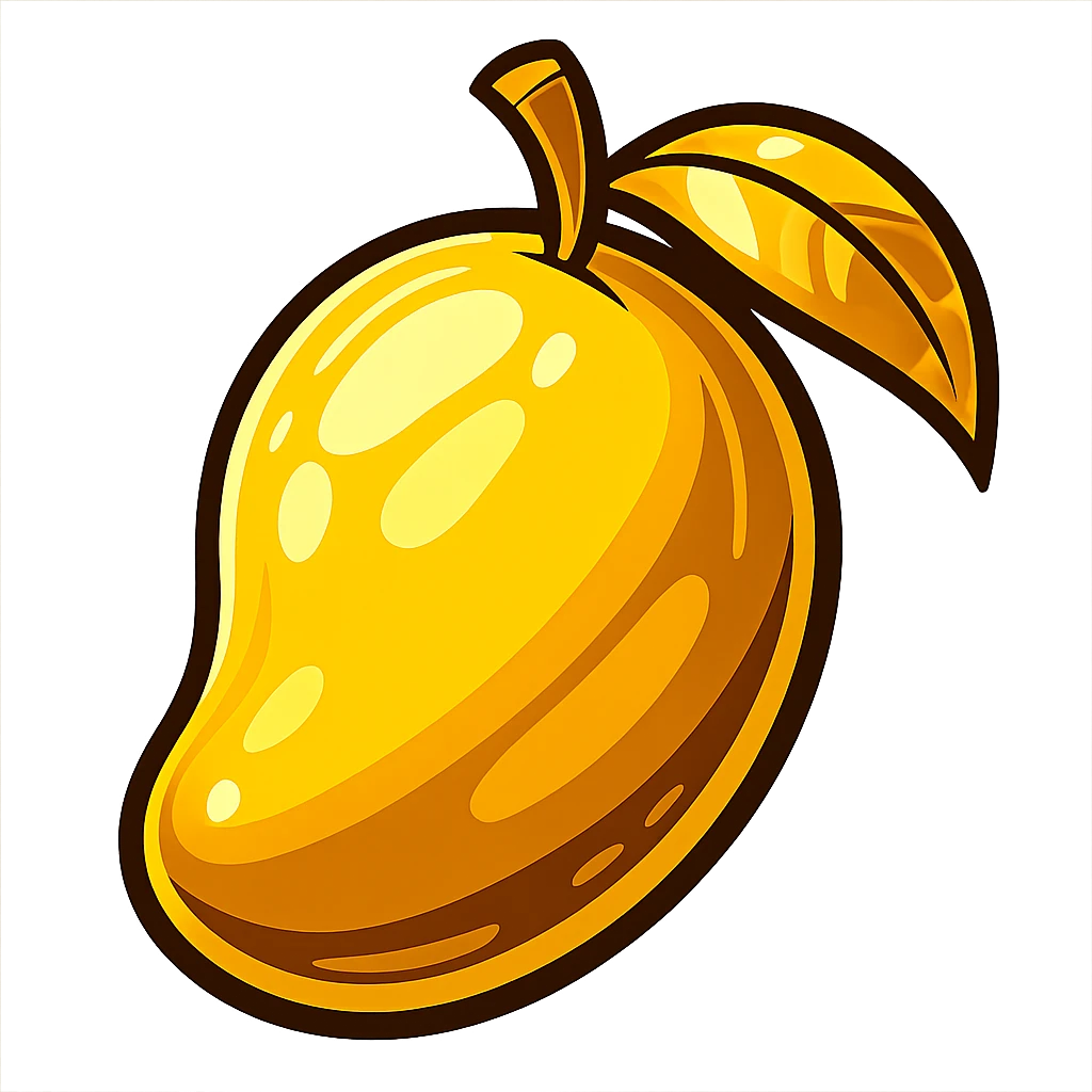 A mango made out of solid gold, cartoonish and vibrant, with exaggerated features emoji