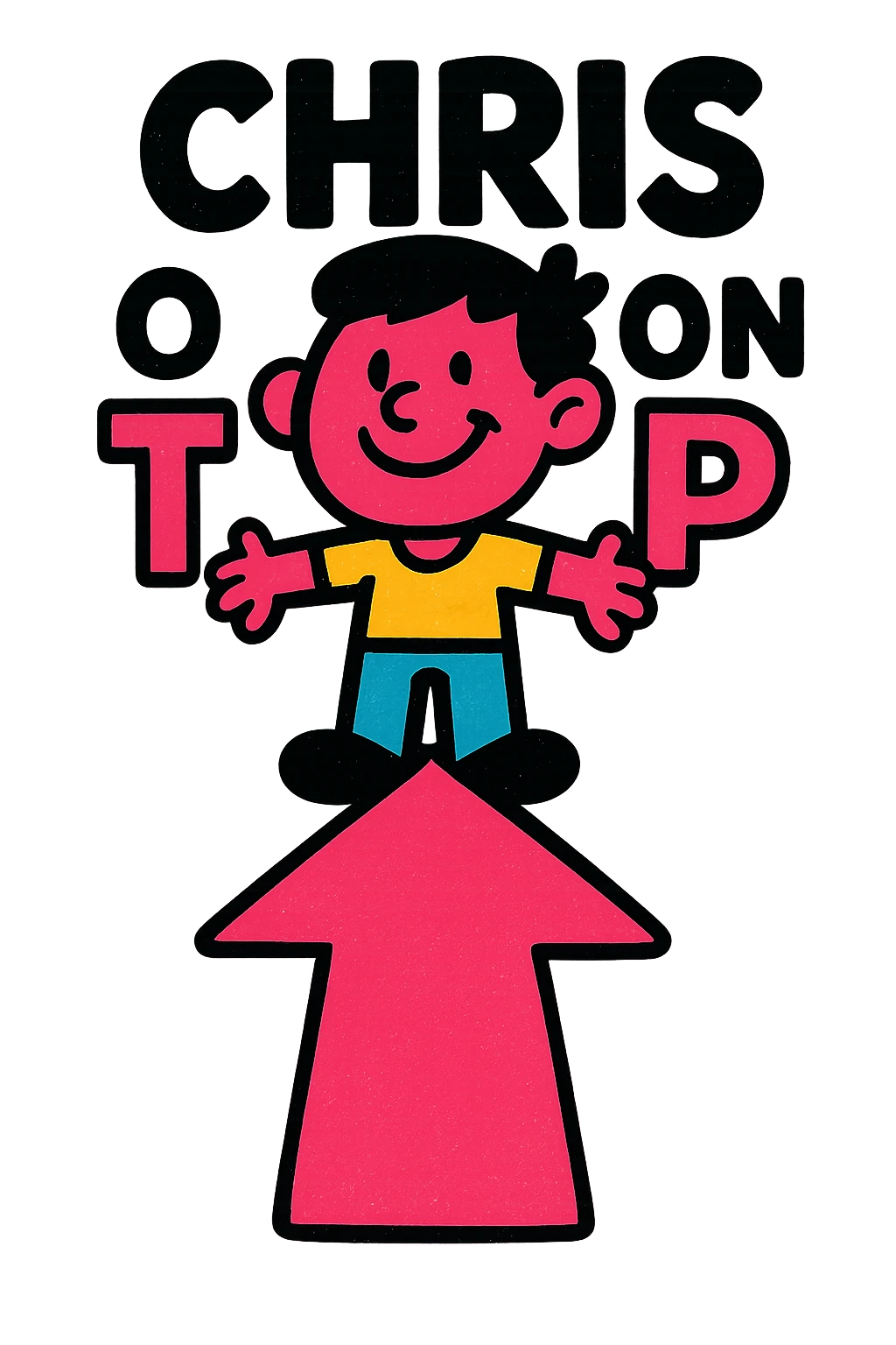 Change the text to 'CHRIS ON TOP' in a bold, modern font. Use a black and red color scheme, keeping it vibrant and eye-catching, with no background. emoji