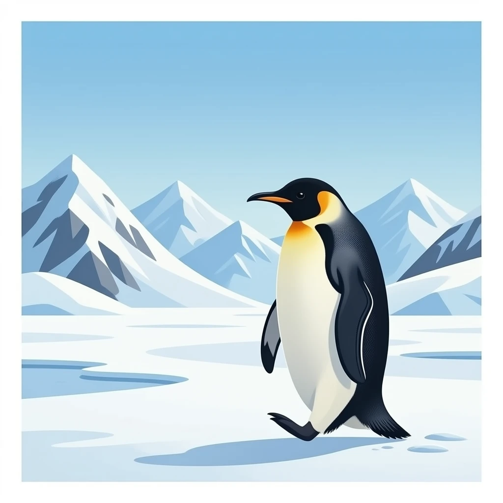 Landscape. Penguin walking towards the icy snow covered mountains emoji