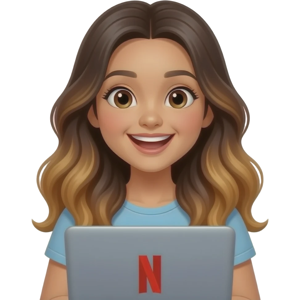 Beautiful Filipino girl beautiful eyes with long wavy hair balayage watching Netflix on laptop laughing emoji