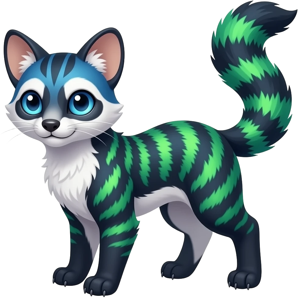 Colorful realistic tropical exotic beautiful lanky gradient-colored cobalt-blue-obsidian-black-neon-green-gradients, with white underside, iridescent glorious fantasy-civet-genet-Fionbri-Cacomistle-Furret-civet-oncilla-animal-hybrid-fursona with pattern markings (full body) emoji