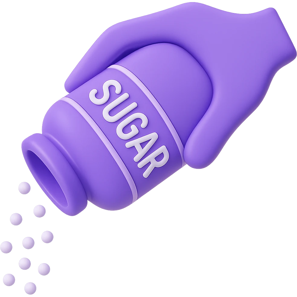 Create a 3D purple icon style image of a hand tipping a sugar jar with sugar falling out, with no background. emoji