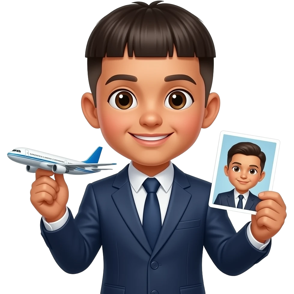 hispanic kid with a fringe bowl cutwearing a suit holding an airplane and a card emoji
