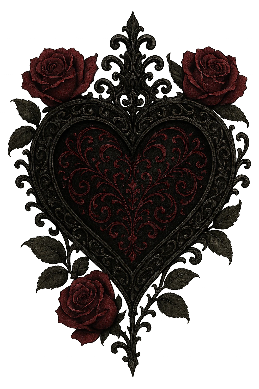 romantic goth heart with roses, gothic style, black and deep red, ornate emoji