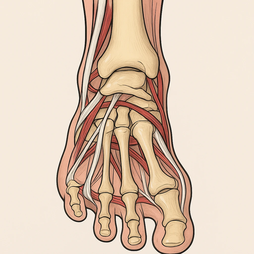 Anatomical illustration of a pronated foot, detailed bones and soft tissue, medical style, neutral background, plantar view, inspired by the reference image. emoji