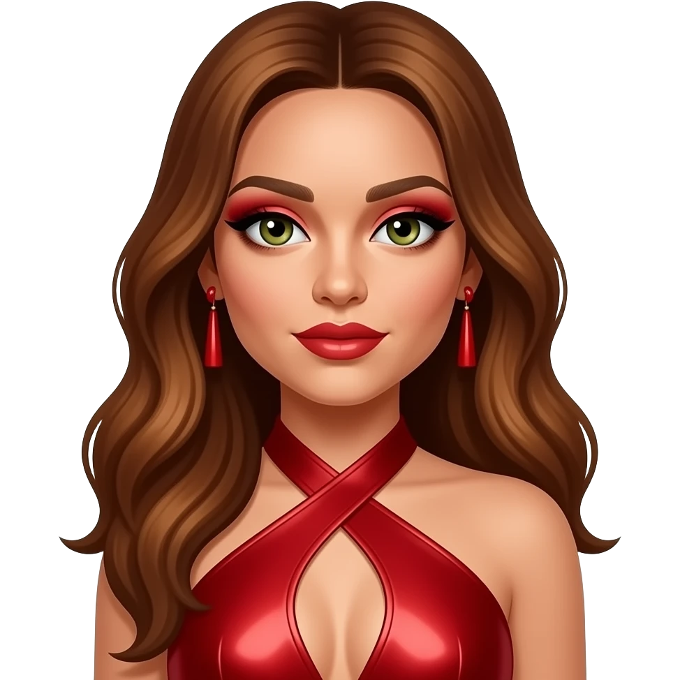 Jesy Nelson from Little Mix with hazel-green eyes, long auburn ariel hair, red eyeshadow and lipstick, red metallic halter dress, red earrings emoji