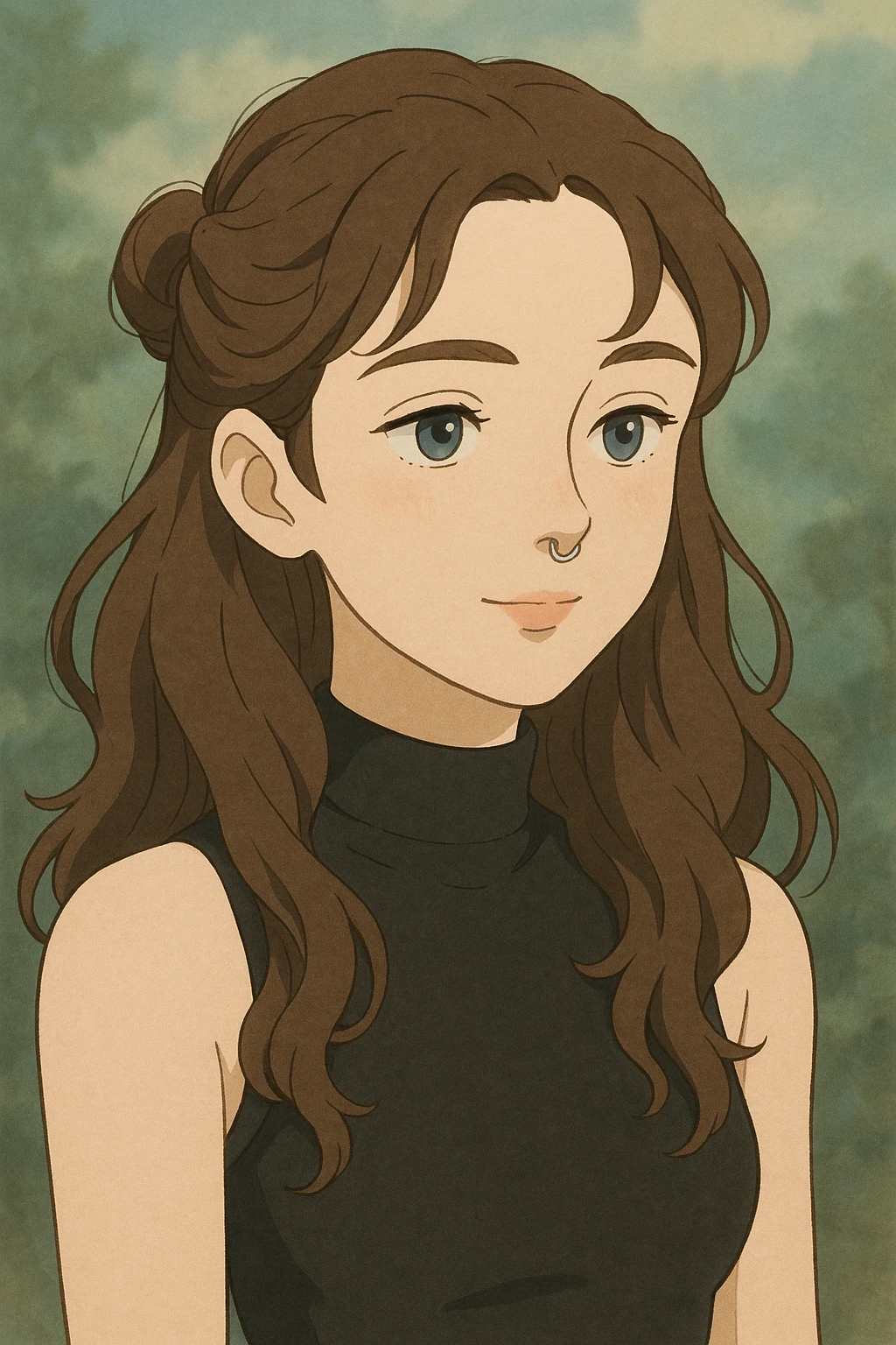 character with brunette half-up long wavy hair, blue-grey eyes, black high neck tank top, and a septum piercing, soft ghibli-inspired style emoji