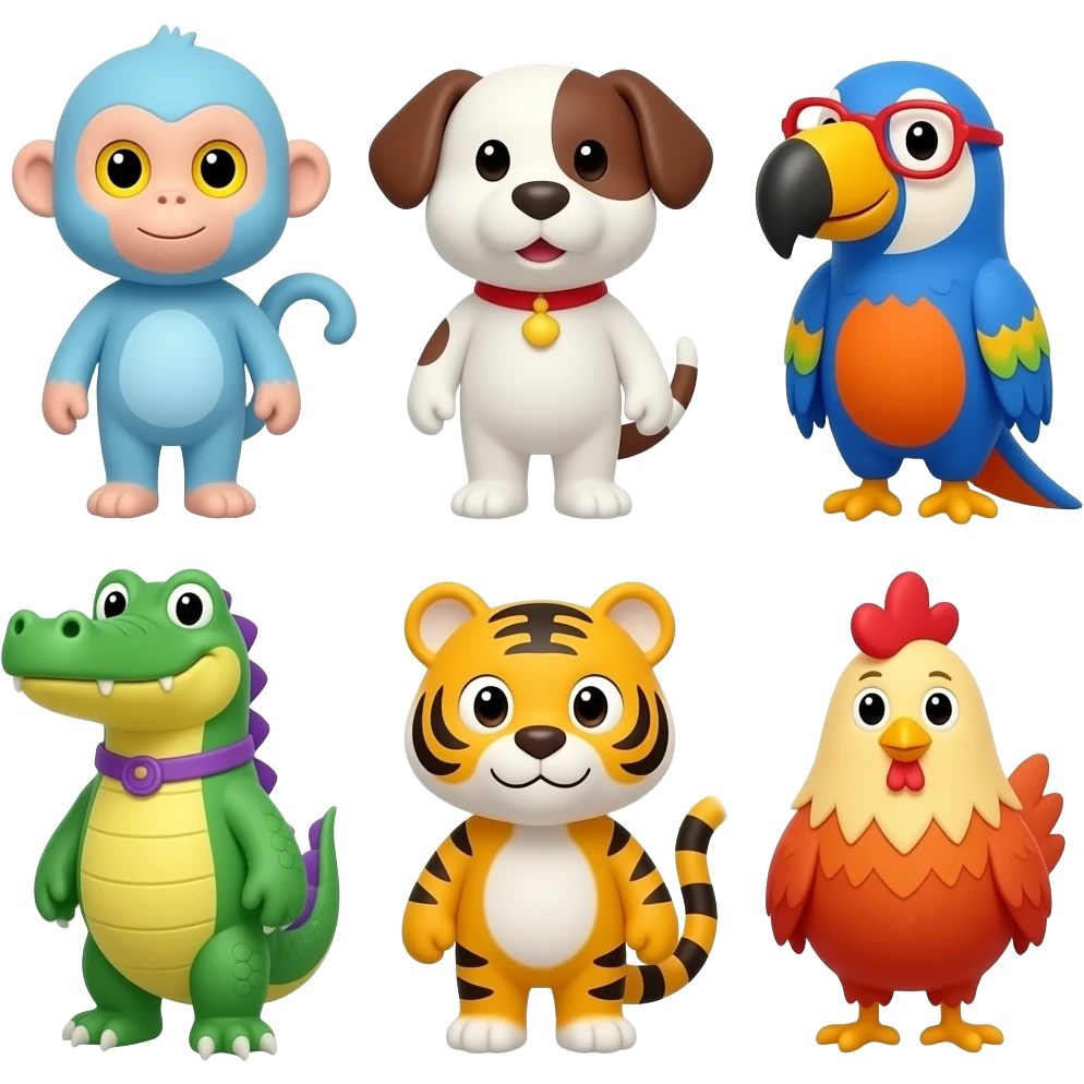 Os Blablás Characters Caco the light blue-normal monkey yellow eyes jaca the green-yellow-purple alligator vira the white-red dog tuca the blue-orange parrot red glasses Nini the Yellow tiger white eyes tetê the red-orange-yellow chicken white eyes emoji