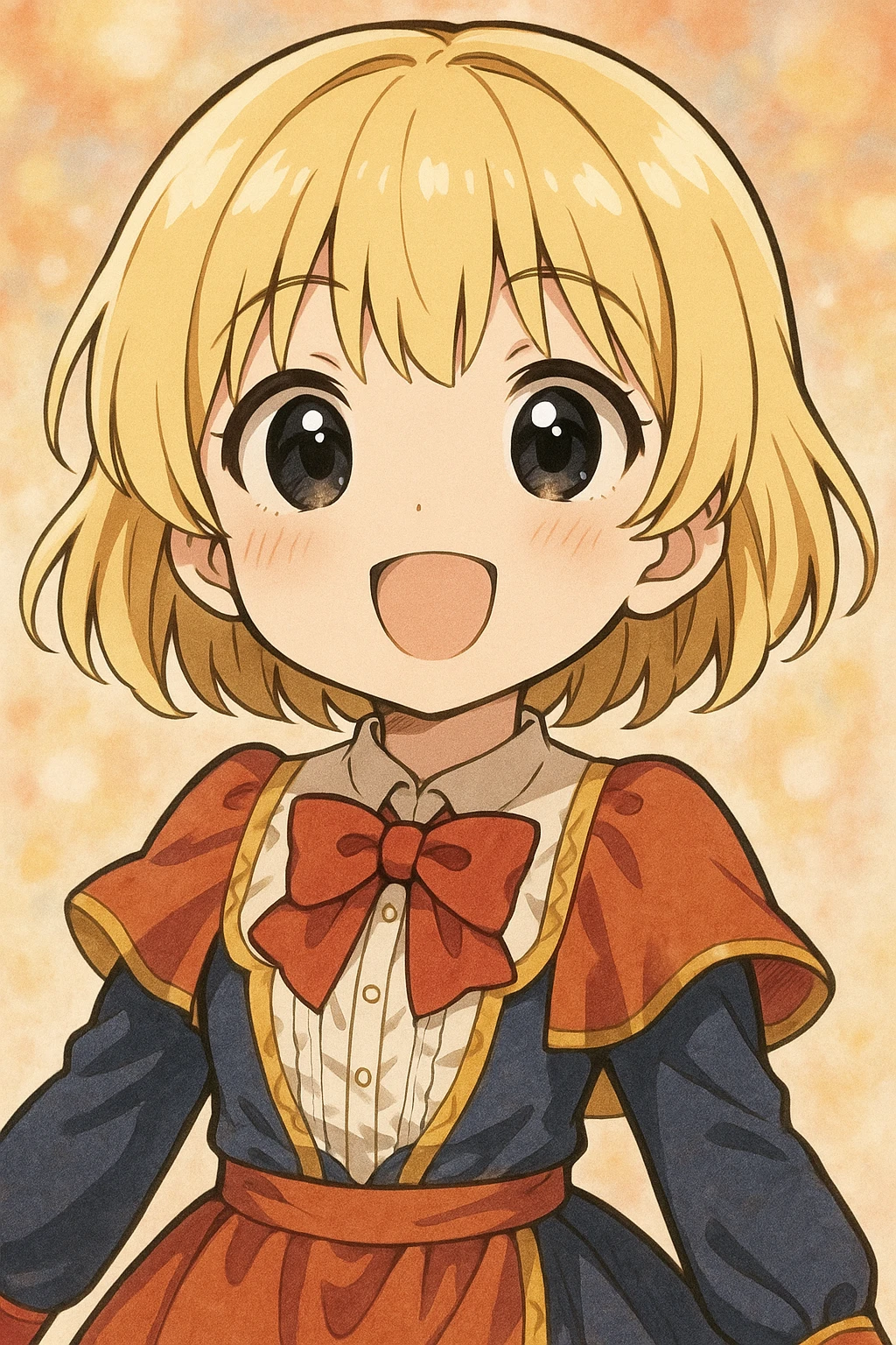 character with light blonde hair, short bangs, sweet and big bright black eyes, small upturned nose, wearing a nice outfit emoji