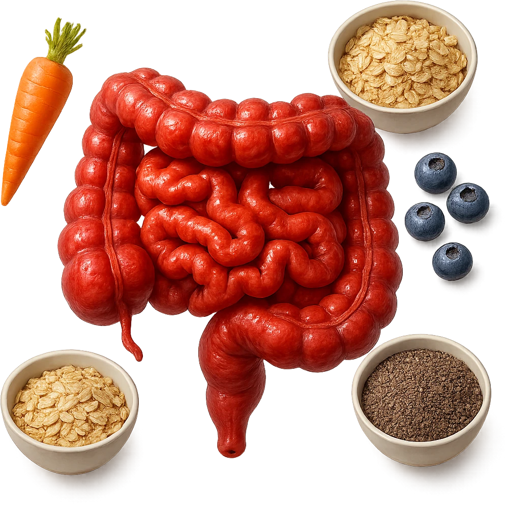 intestino umano anatomico infiammato al centro con carota, bowl di avena, mirtilli, bowl di semi di chia che gli fluttuano intorno , iperrealistico 4k emoji