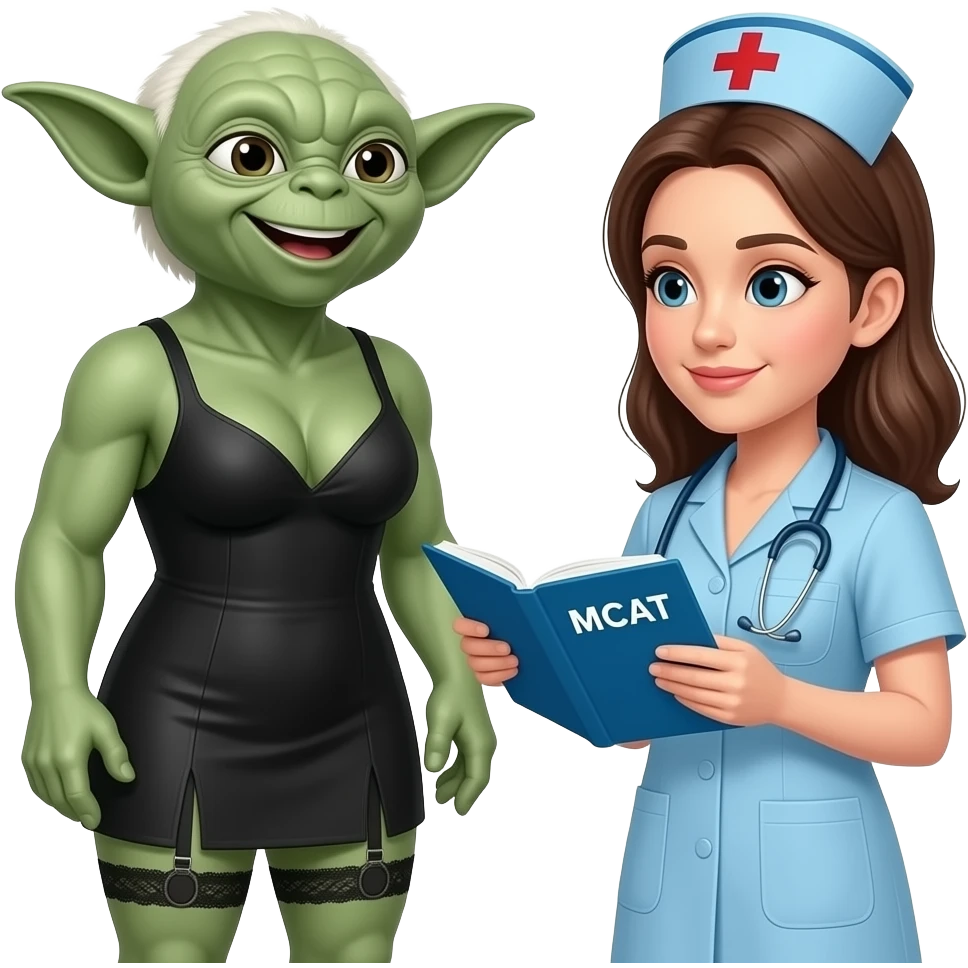 Tall Yoda male facing nurse studying Mcat, wearing garter belt and short black dress , large breasts, smiling emoji