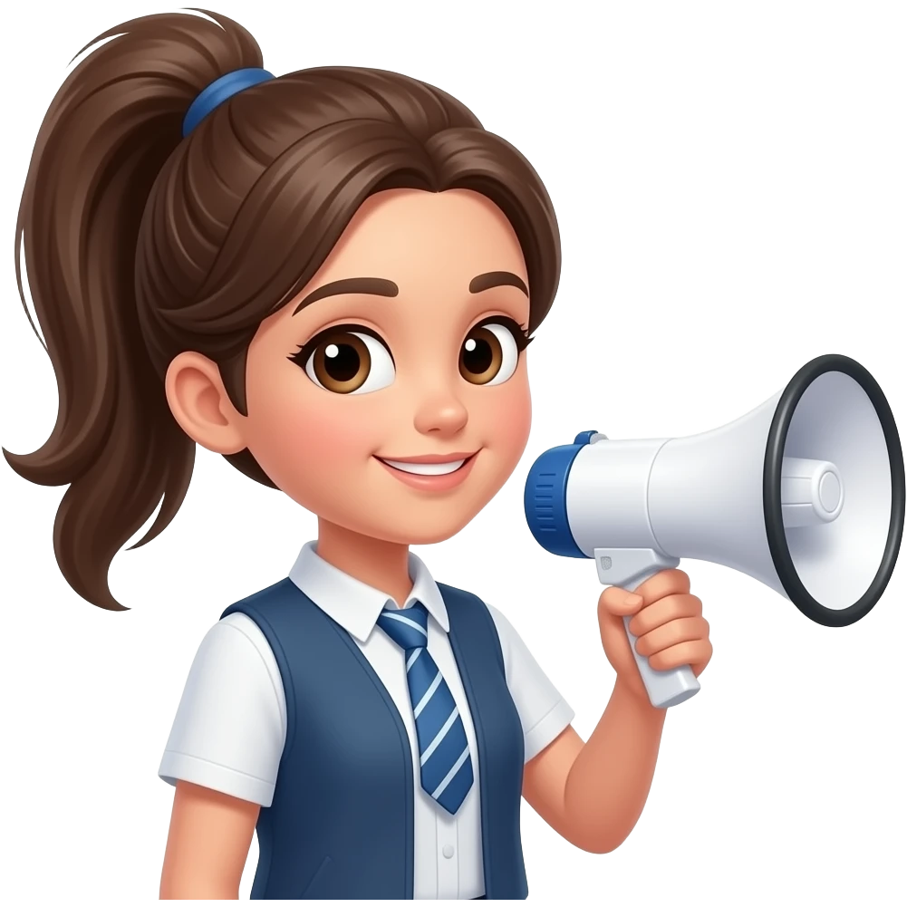 A pretty, fair-skinned high school girl with her hair tied up in a high ponytail, holding a megaphone. emoji