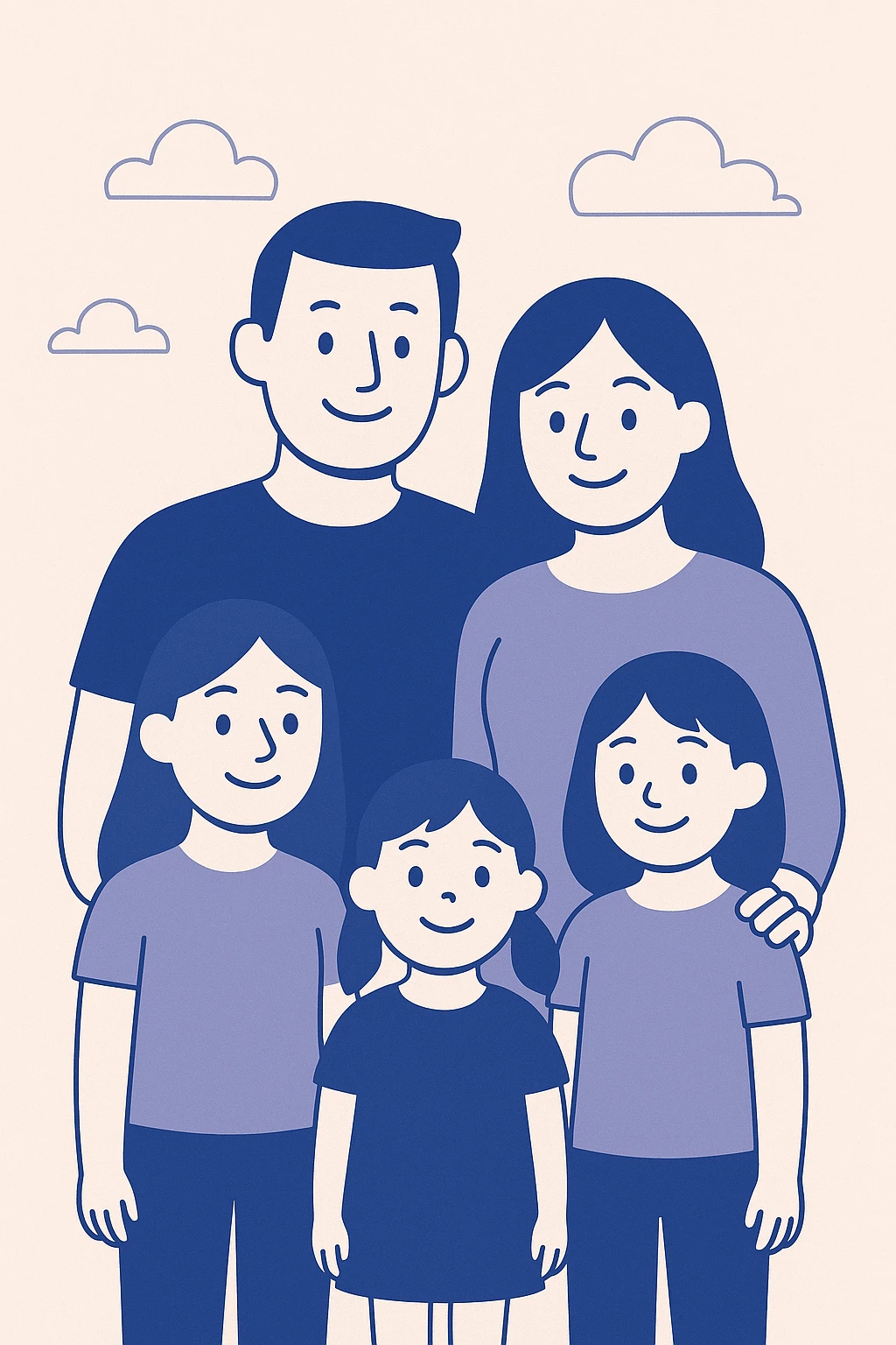 a simple and modern family with dad, mom, and three daughters, all smiling emoji