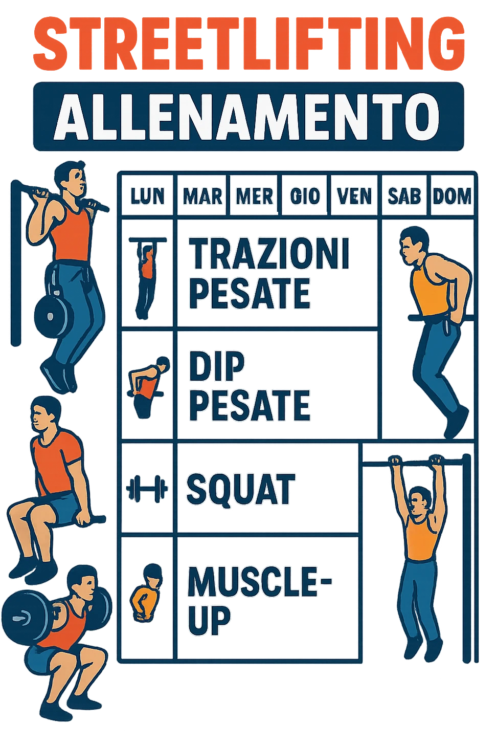 a streetlifting training sheet with icons for each exercise—weighted pull-ups, weighted dips, squats, muscle-ups—organized in a weekly schedule. Around the sheet, small illustrations show athletes performing each movement with proper form. The color palette is bold and energetic, and the background is clean and minimal. in italiano emoji