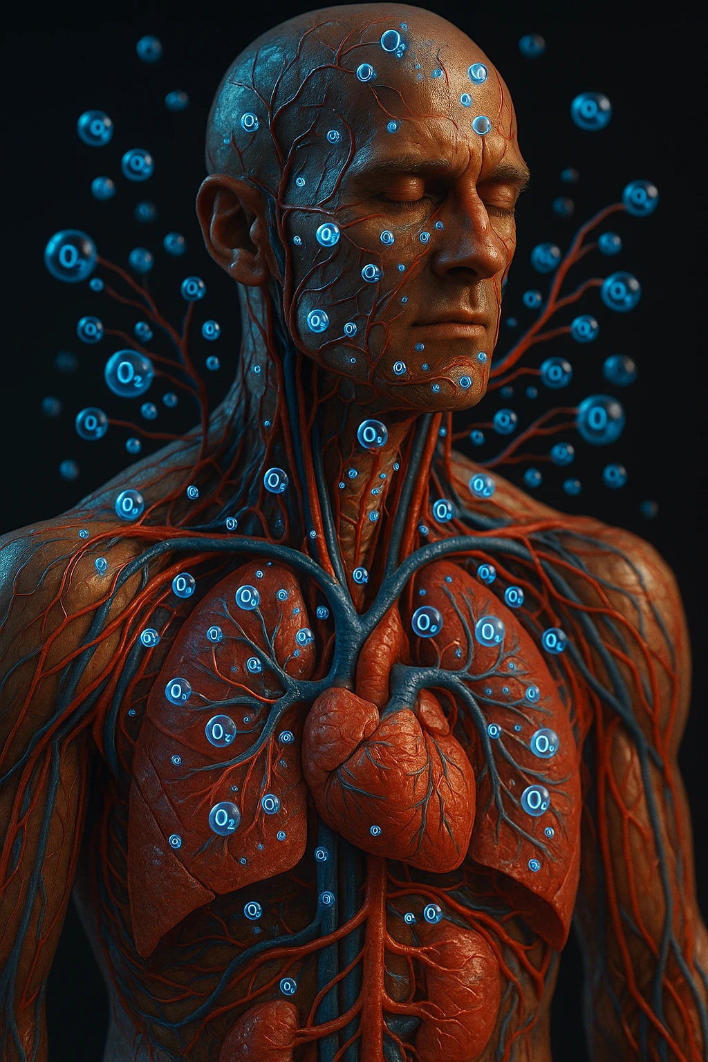 OSSIGENO FLUTTUA IN UN CORPO UMANO ANATOMICO, IPERREALISTICO 4K emoji