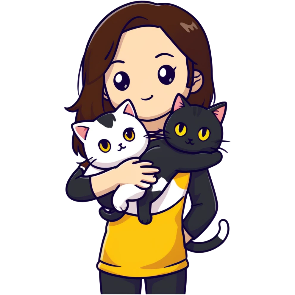 Brown straight-haired girl with black top, white cat with yellow eyes, and calico cat emoji