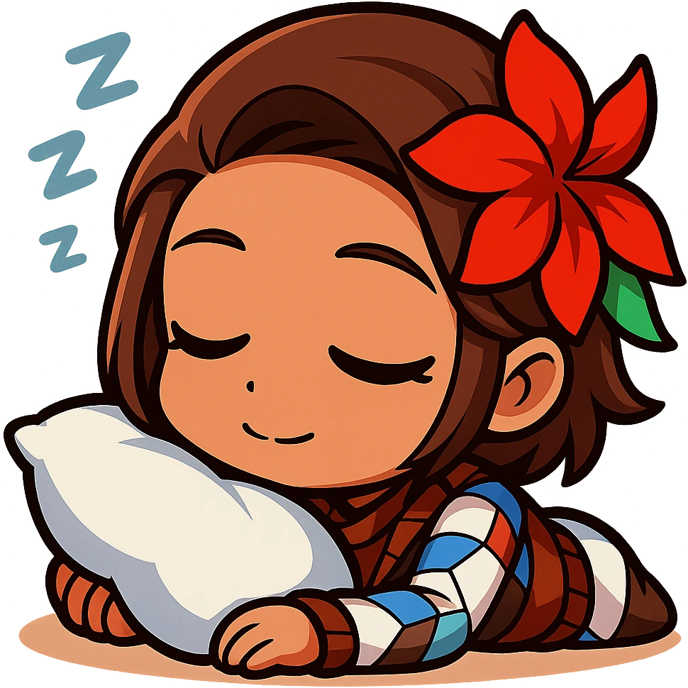 Azucena from Tekken 8 in chibi sticker style, sleeping with a little pillow, peaceful expression, designed for Twitch emote use. emoji