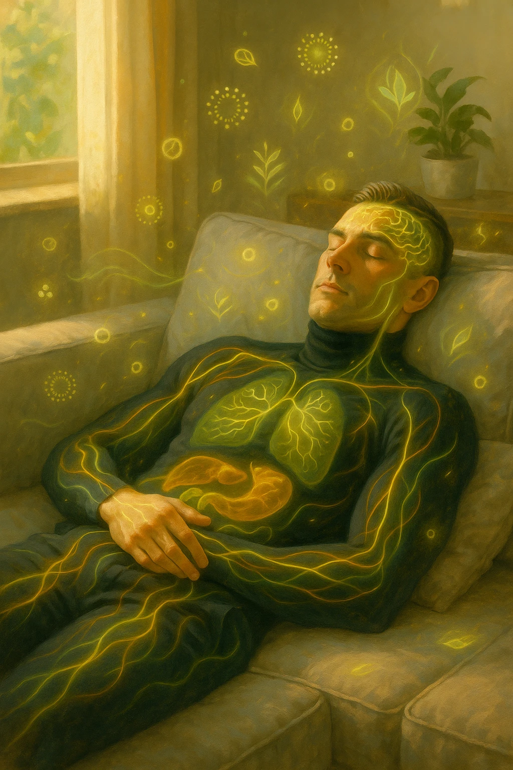 Uomo sdraiato su un divano nel primo pomeriggio, mentre fa un breve riposino. Il suo corpo appare parzialmente trasparente o stilizzato, con luce calda e flussi energetici dorati e verdi che scorrono attraverso muscoli, cervello, e organi. Intorno a lui si vedono piccoli simboli di rigenerazione: cellule che si rinnovano, tessuti che si illuminano, aura rilassata. L'ambiente è calmo e ordinato, luce naturale che entra da una finestra, atmosfera rigenerante, stile iperrealistico con accenti metaforici. emoji