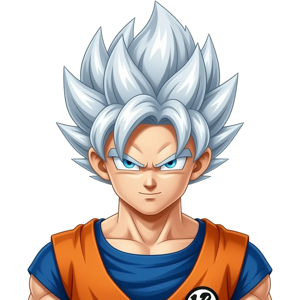 Goku ultra instinct with silver shining hair and eyes with a calm look emoji