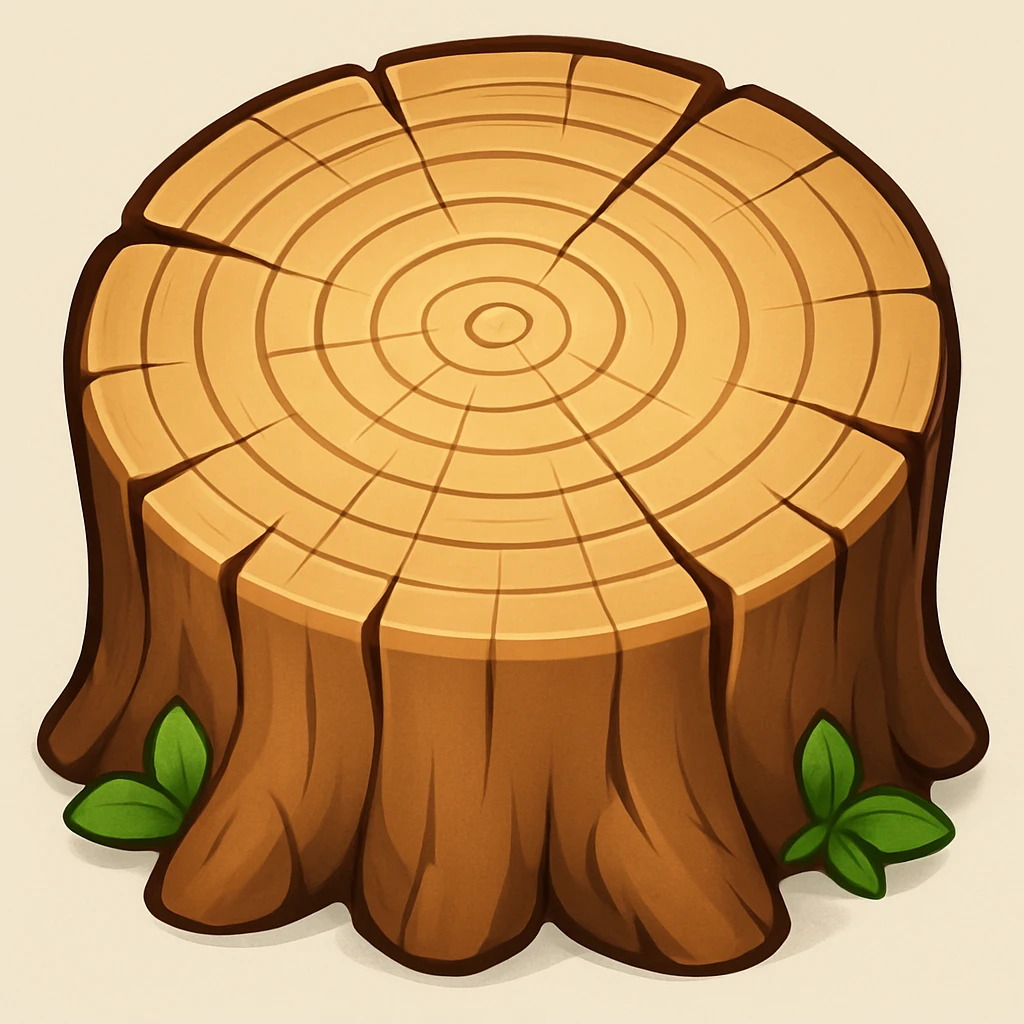 Create a top view of this tree stump, keeping the same wood pattern, color, and cartoon style as the reference image. Variant 1. emoji