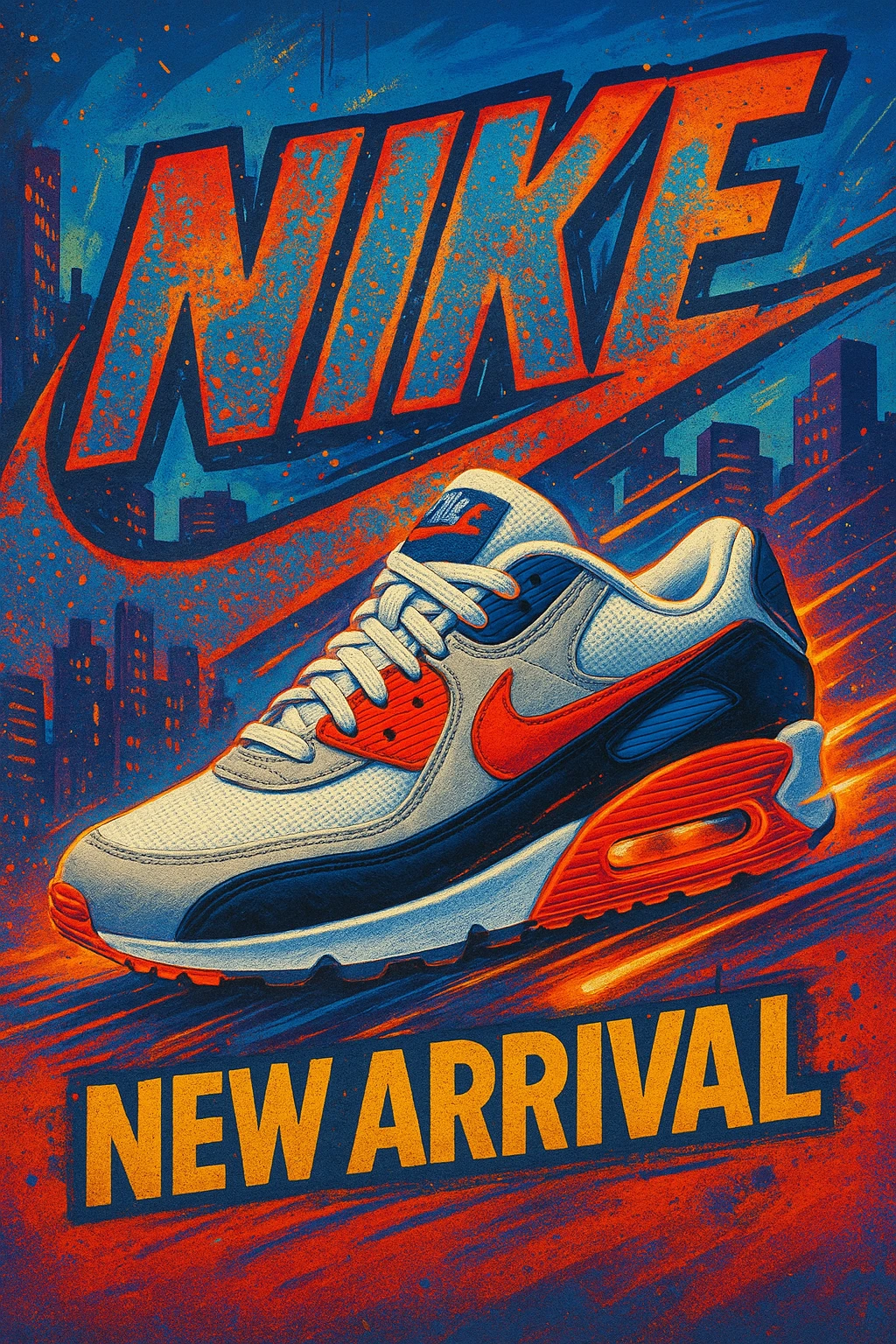 vibrant poster highlighting Nike's new arrival sneakers, Nike logo integrated into background, urban and sporty vibe, energetic composition emoji